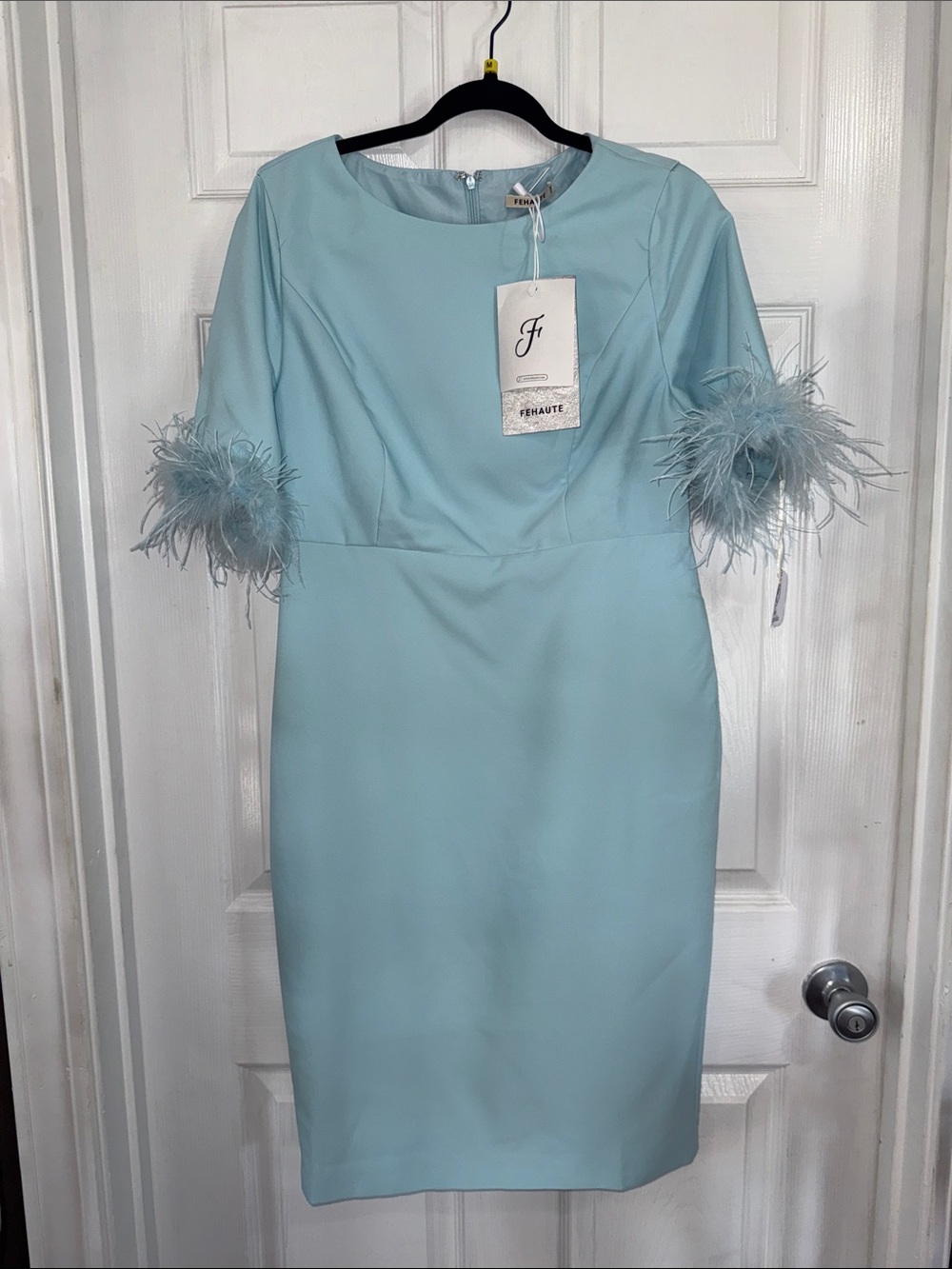 Feather-Trim Midi Dress in Light Blue by F Haute